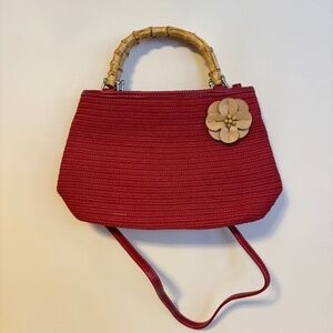 Liz Claiborne Bamboo Handle Woven Shoulder Crossbody Bag Leather Flower Red